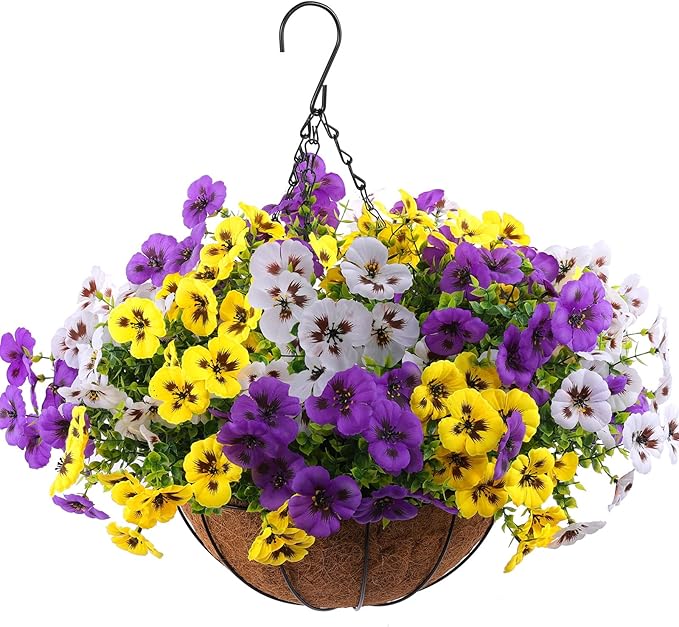 18 Pcs Artificial Fake Pansy Flowers for Outdoor, Faux Silk Pansies Spring Flowers for Outside for Planter Front Door Porch Yard Patio Window Box Home Decor (18, Purple, Yellow, White)