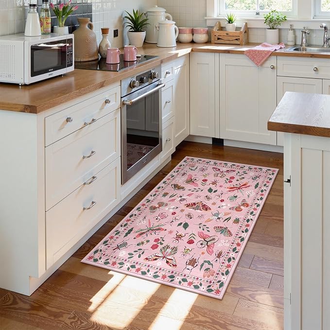 Lahome Insect Washable Rug, 2x3 Kitchen Rugs for Entryway Bathroom, Soft Door Mat Indoor Entrance Ultra-Thin, Small Non-Slip Throw Carpet for Bedroom Entry, Pink