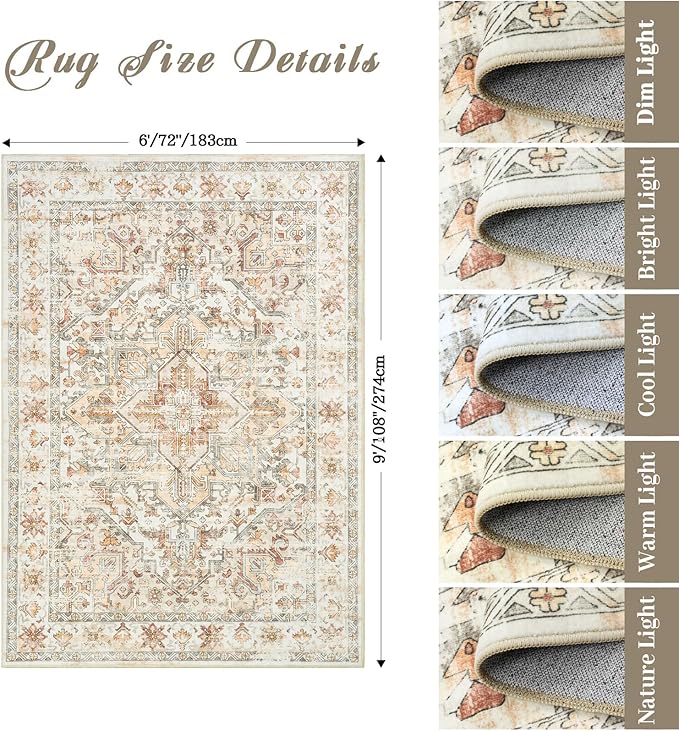 zesthome Area Rugs 6x9, Large Rugs for Living Room, Stain Resistant Washable Rug, Rugs for Bedroom with Non Slip Backing, Ultra-Thin Vintage 6x9 Area Rug