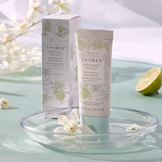 Thymes Restorative Hand Cream for Women & Men - Moisturizing Hand Cream Travel Size - Notes of Bergamot, Lemon, Orange Flower, Lotus, & Sandalwood - Skin Care (Bergamot Nectar, 1.9 fl oz)