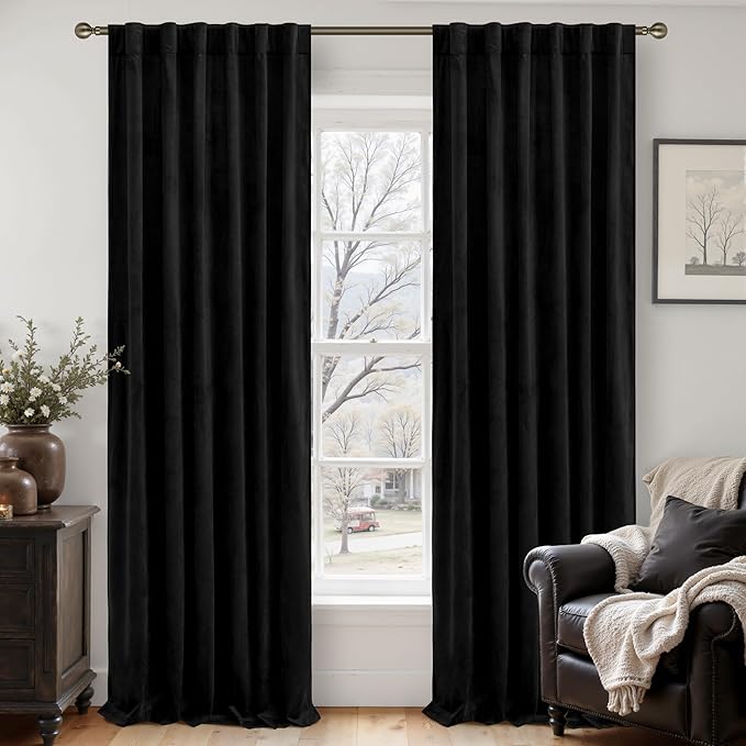 LAMIT Halloween Black Velvet Blackout Curtains for Bedroom, 96 Inch Thermal Room Darkening Panels Back Tab and Rod Pocket Privacy Protected Drapes for Living Room/Movie Theater, 2 Panels, 52 x 96 Inch