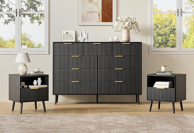 LYNSOM Fluted Dresser and Nightstand Sets 3 Piece, 9-Drawers Dresser and 1-Drawer Nightstands Set of 2, Wood Bedroom Furniture Set for Home, Bedroom, Hallway, Black