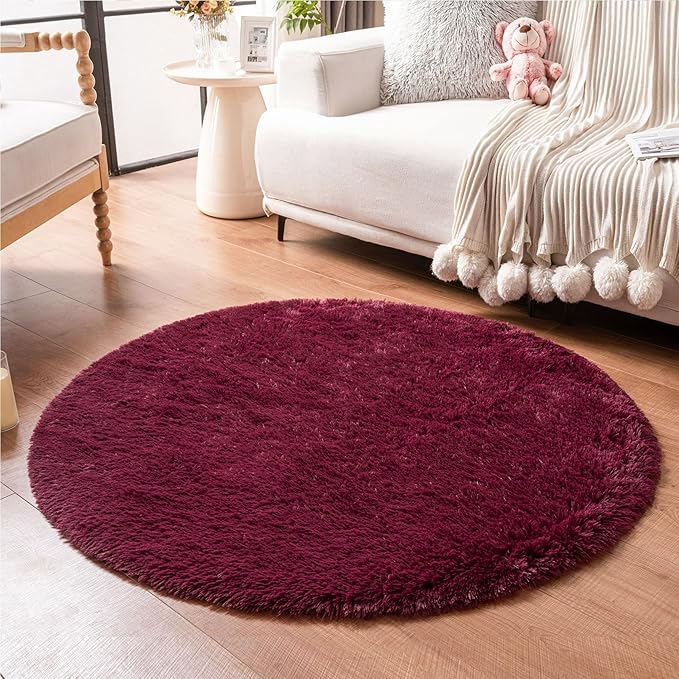 duduta Burgundy Plush Round Rug 4x4 ft, Fluffy Shag Rugs for Bedroom Classroom Nursery Playroom Dorm Decor, Washable Non Slip