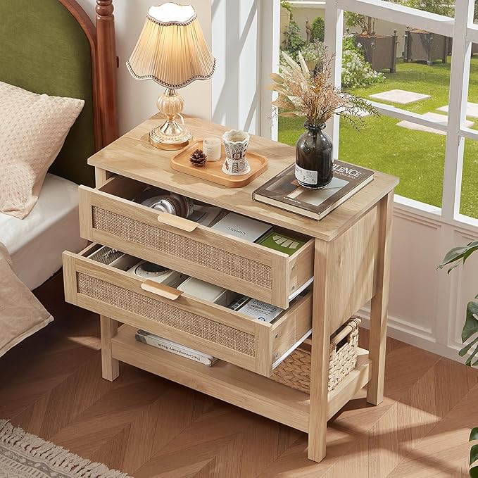 LEYAOYAO 31.5" Wide Rattan Night Stands Set 2, Oversized Large Boho Nightstand with 2 Drawer, Natural Wood Bed Side End Tables with Storage Shelf, Tall Bedside Table for Bedroom Living Room, Hallway