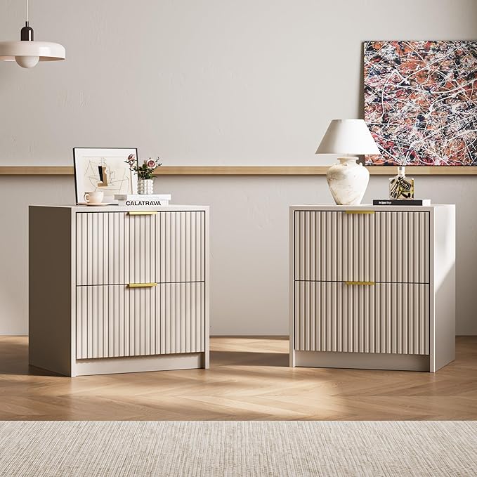 3-Piece Dresser Bedroom Set, 8 Drawer Dresser & 2 Drawer Nightstands with Gold Handles, Fluted Wood Chest of Drawers for Bedroom, Living Room, Entryway, Beige
