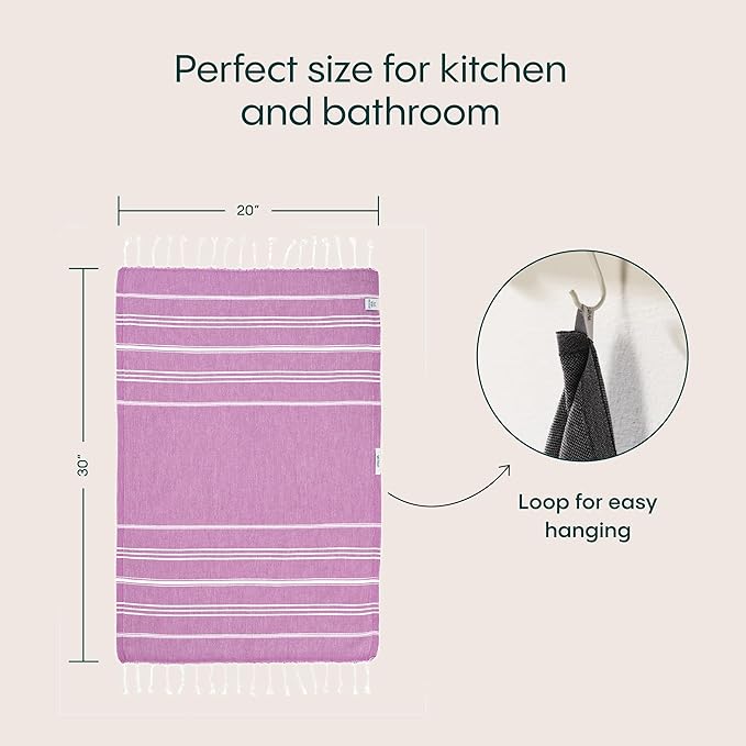 WETCAT Turkish Hand Towels with Hanging Loop, Set of 2 (20" x 30") 100% Turkish Cotton, Pre-Washed, Quick Drying, for Kitchen or Bathroom - Purple