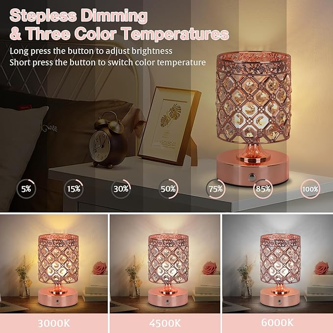 TOBUSA Crystal Cordless Table Lamp Rechargeable, Portable 6000mAh Battery Operated Lamp with 3 Color Temps & Stepless Dimming, Bedside Touch Small Desk Lamp, Rose Gold LED Night Light for Bedroom Bar