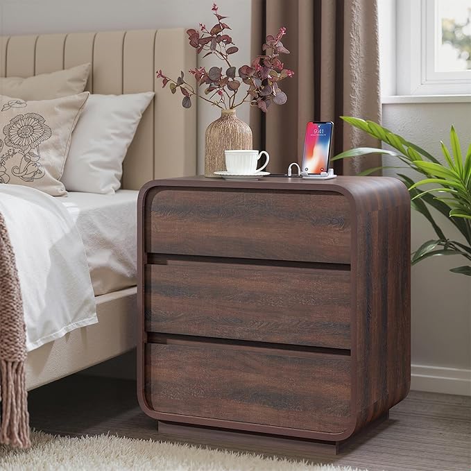 Walnut Nightstand with Charging Station, Modern Curved End Table with 3 Drawers, 25" Tall Wood Bedside Table, Mid Century Night Stand for Bedroom, Dorm, Sofa, Office