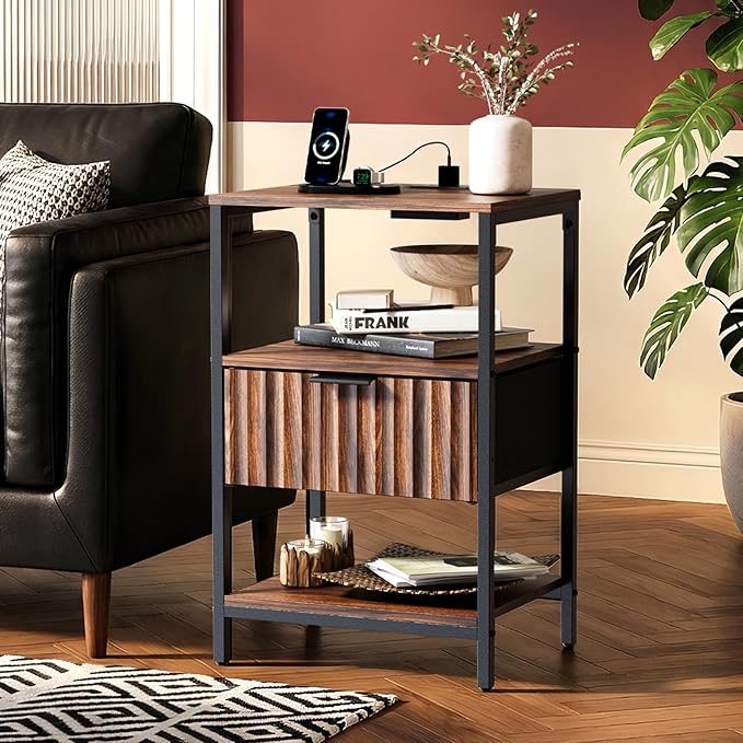 VINGLI Nightstand with Charging Station, Walnut Nightstand Fluted with Fabric Drawer, Bedside Table/End Table with Charger Station, Side Table Bedroom, Small Night Stand Dark Walnut