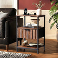 VINGLI Nightstand with Charging Station, Walnut Nightstand Fluted with Fabric Drawer, Bedside Table/End Table with Charger Station, Side Table Bedroom, Small Night Stand Dark Walnut