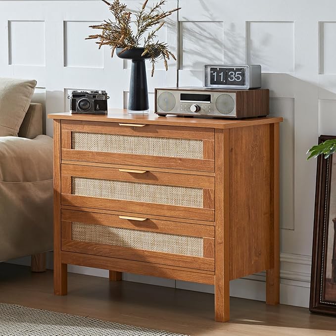LEYAOYAO 31.5" Wide Rattan Night Stand, Large Boho Nightstand, Bedside Table with Storage, Tall Bed Side End Tables, Chest of Drawers for Bedroom, Living Room, Hallway（Brown,3 Drawers,2）