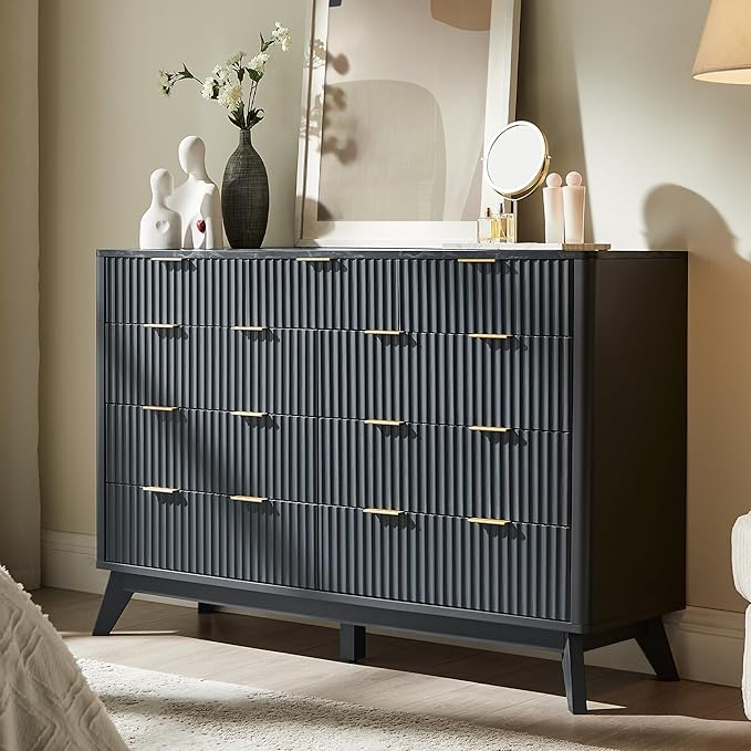 T4TREAM Fluted 9 Drawers Dresser, 54" Wide Modern Chest of Drawers with Faux Marble Top, Curved Profile Design, Dresser TV Stand, Wood Drawer Organizer for Bedroom, Living Room, Hallway, Dark Grey