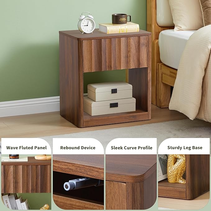 Fluted Dresser, Small Nightstands Set of 2, Walnut Bedside Table with Drawer and Storage, Mid Century Modern Side Table for Bedroom Sofa