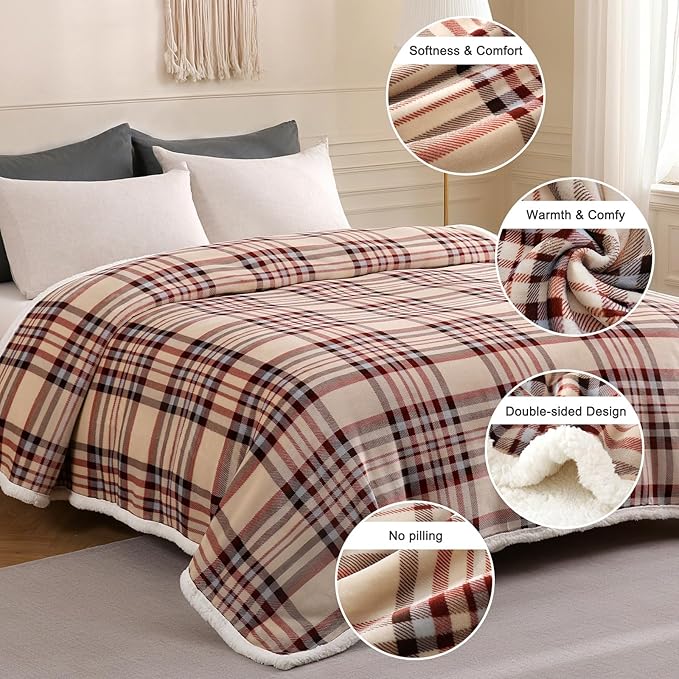 Sherpa Blanket Throw Blanket for Couch Sherpa Fleece Blanket Fluffy Checkered Soft Blanket for All Season Use Cozy Thick Warm Big Throws (Beige-Plaid, 60"*80")