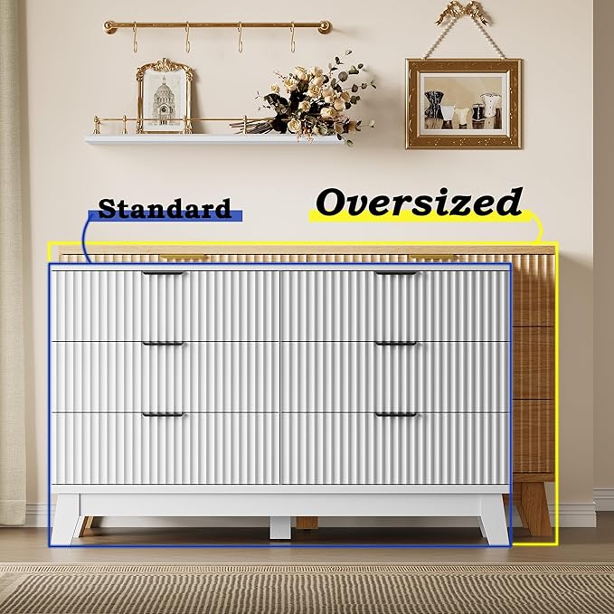 53" Long Dresser for Bedroom, 6-Drawer Dresser with Fluted Fronts, Wide Wood Chest of Drawers, Smooth Metal Slides, Stable Base, Modern Clothes Storage Cabinet for Living Room, Hallway