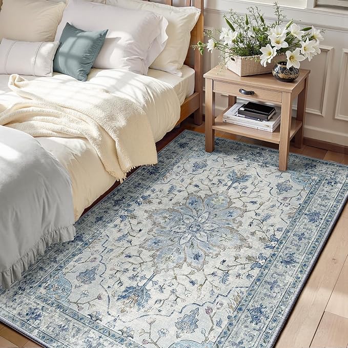 Area Rugs 3'x5' Washable Non-Slip, Floral Vintage Distress Print Pattern Medallion Carpet for Living Room Bedroom Dining Room, Light Blue Navy Beige Gray White