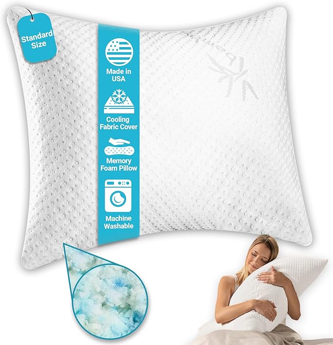 Xtreme Comforts Memory Foam Pillows Made in The USA - Standard Size, Slim Cooling Pillow for Sleeping on Side, Back & Stomach - Firm and Soft Bed Pillows