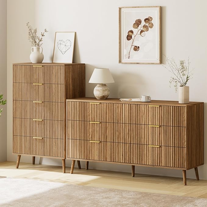 LYNSOM Fluted 5 Drawers Dresser, 45" Tall Modern Chest of Drawers with Curved Profile Design and Metal Handle, Wood Drawer Organizer for Bedroom, Living Room, Hallway, Entryway, Walnut