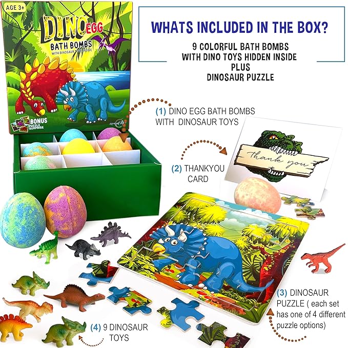 Bath Bombs for Kids with Surprise Toys Inside Plus Dinosaur Puzzle - 9 Organic Dino Egg Bath Bombs, Gentle and Kids Safe, Fizzy Balls with Rich Bubbles, Stocking Stuffers Christmas Gifts for Kids