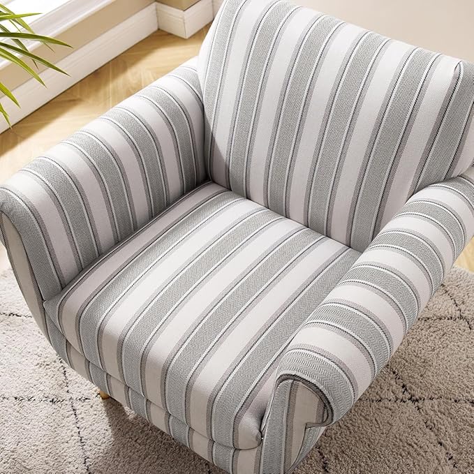 VANOMi Mid-Century Accent Chair with Stripe Pattern, Modern Linen Fabric Armchair with Wood Legs, Club Chair for Living Room, Comfy Upholstered Side Chairs for Bedroom, Reading, Small Place (Grey)