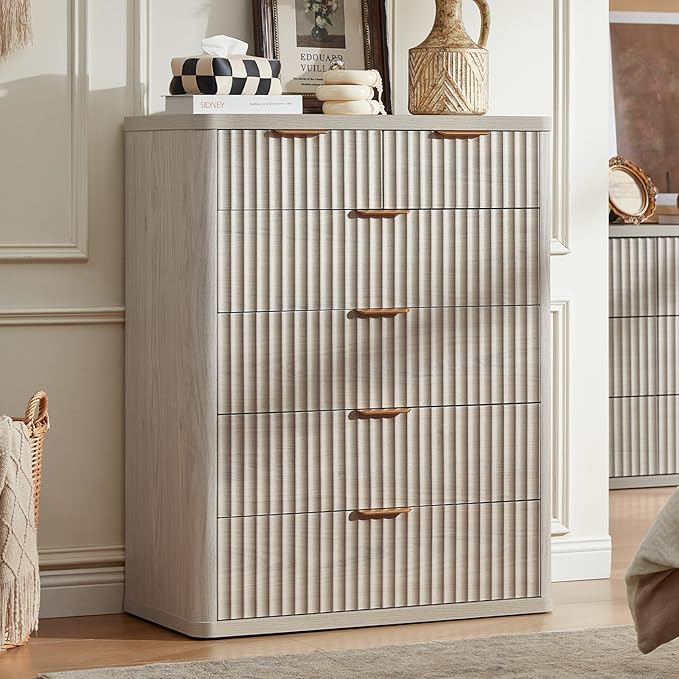 LEYAOYAO Fluted 6 Drawers Dresser for Bedroom Set of 2, 42" Tall Modern Chest of Drawers with Metal Handle, Curved Profile Design,Wood Drawer Organizer for Bedroom, Living Room, Hallway,Lightgrey