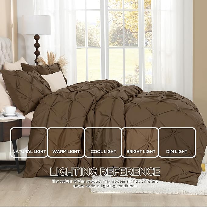 Litanika Brown Queen Pinch Pleat Duvet Cover, 3 Pieces Pintuck Cover Soft Microfiber Bedding Set with Zipper Closure & Corner Ties(90x90Inch-1 Duvet Cover, 2 Pillowcases)