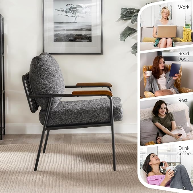 VINGLI Mid-Century Modern Accent Armchiar for Small Space, Small Comfy Upholstered Leisure Reading Chair with Wood Armrest for Bedroom, Living Room, Waiting Room, Linen Grey