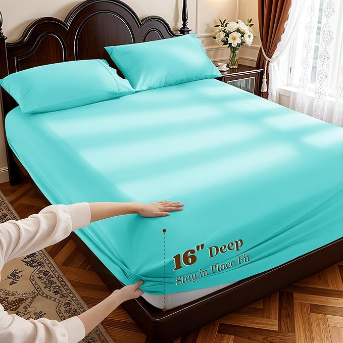 LBRO2M 1000 Thread Count 100% Cotton Sheets Set,King Size Bed Sheet 4 Piece Sets,Long Staple,16 Inches Deep Pocket,All Season,Bedding Super Soft Comforterble Breathable,Sateen(Lake Green)