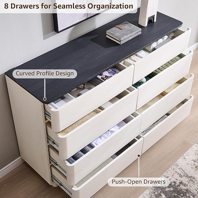 ACCOHOHO 8 Drawer Dresser for Bedroom, 52 Inch Wide Modern Chest of Drawers, Push-to-Open Wood Storgae Organizer with Large Drawers for Bedroom, Living Room, Hallway, Off White