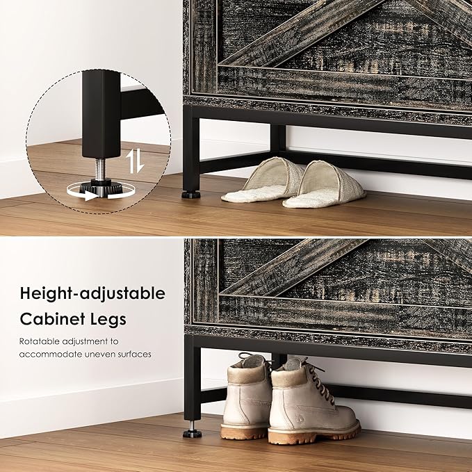 Vibe & Dine Farmhouse Shoe Storage Cabinet - Freestanding Narrow Shoe Rack with Metal Legs, Dark Rustic Oak
