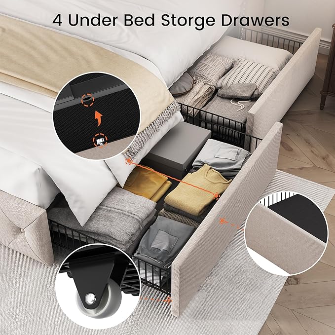 LARMACE Queen Size Bed Frame with 4 Storage Drawers and Tufted Headboard Linen Upholstered Platform Bed Frame Wingback Beds with Wooden Slats Support, Easy Assembly, Beige