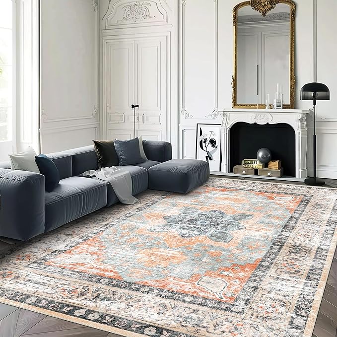 4x6 Rug, Small Area Rug for Living Room, Bedroom, Kitchen, Machine Washable Non-Slip Throw Rug, Vintage Distressed Floral Carpet for Entryway Nursery Dinner Room, Orange