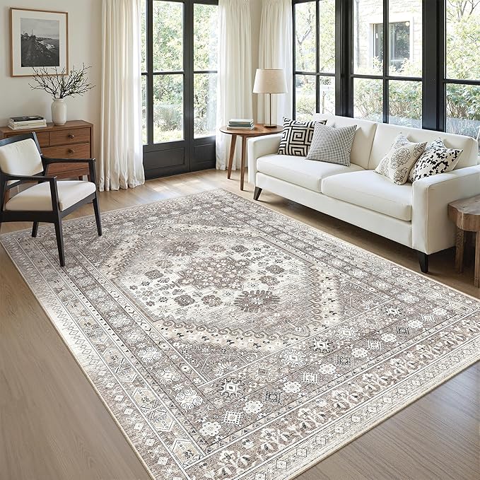 zesthome 6x9 Area Rug, Super Soft Washable Rugs for Living Room, Non-Slip Stain Resistant Vintage Rugs, Ultra-Thin Large Area Rugs (Brown/Beige,6'x9')