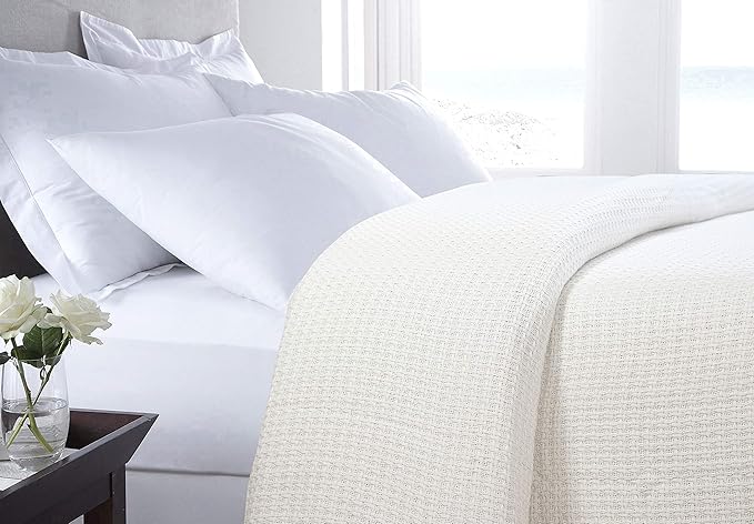 HILLFAIR 100% Combed Cotton Blanket– Queen Bed Blanket– Soft Cozy Warm Multipurpose Throws for Luxury Home Decor– 90 x 90 inch Queen Size Cotton Blankets for Beds- Bed Blankets for All Season- Ivory