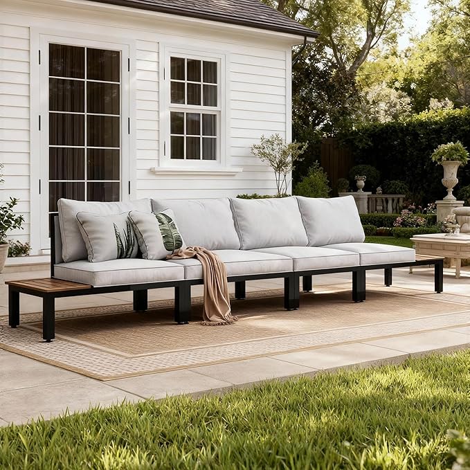 Sophia & William 3 Pieces Outdoor Patio Furniture Set, Metal Sectional Sofa Set Patio Conversation Set with Cushions-2 x Single Sofa with Side Table, 1 x Loveseat