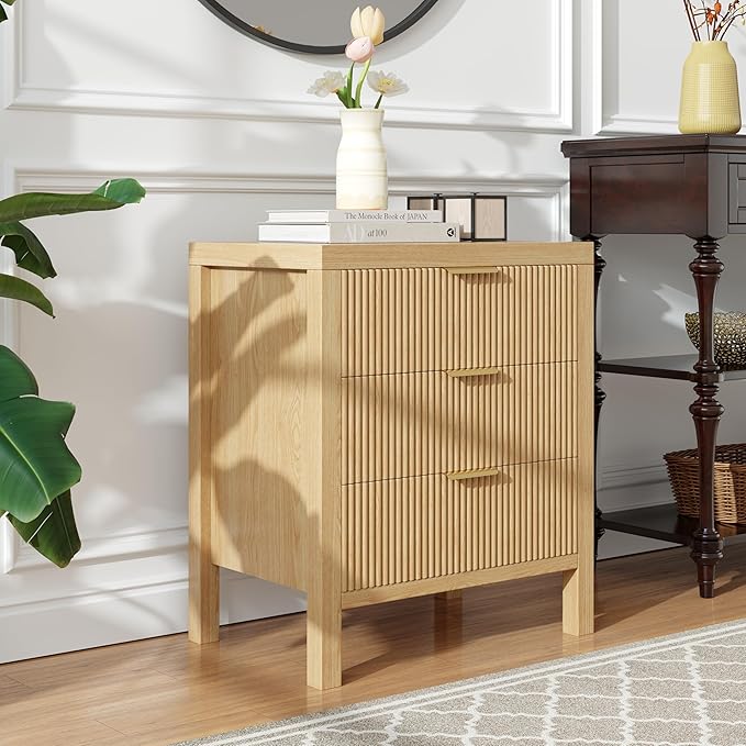 End Table with Storage, Wooden Farmhouse Nightstands with 3 Drawers, Bedside Table - Boho Tall Side Table Accent for Bedroom, Living Room, Nature