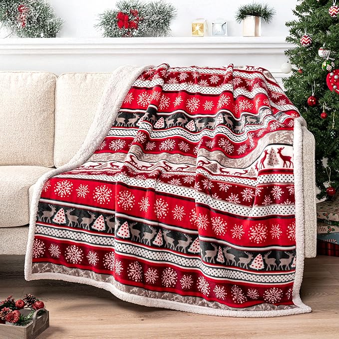 PAVILIA Premium Christmas Sherpa Throw Blanket | Christmas Decoration Reindeers, Fleece, Plush, Warm, Cozy Reversible Microfiber Holiday Blanket 60x80