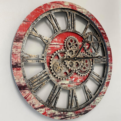 The Gears Clock The Original Real Moving Gear Wall Clock Vintage Industrial Oversized Rustic Farmhouse (24 inch (60cm),Red Lava)
