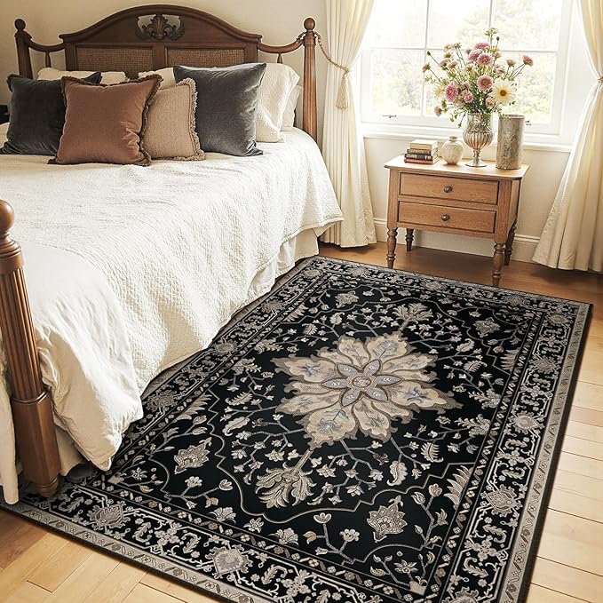 Area Rugs 4'x5' Washable Non-Slip, Floral Vintage Distress Print Pattern Medallion Carpet for Living Room Bedroom Dining Room, Black Brown Neutral Dark Tan