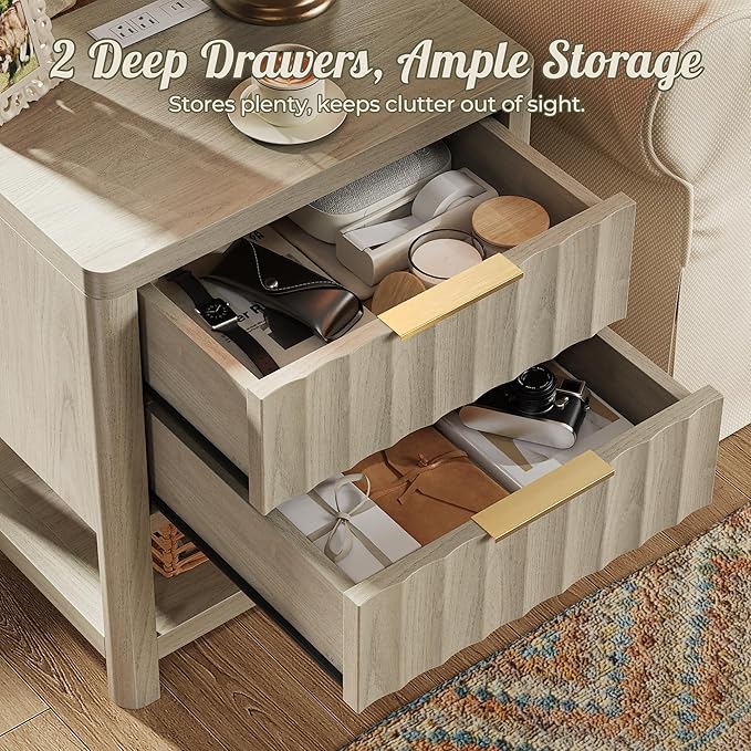 Huuger 27.6 Inch Tall Night Stand with Charger Station, USB-C Port, Fluted Nightstand with 2 Deep Drawers, Larger Wider Bed Side Table with Open Shelf, Bedroom Living Room End Table, Grey