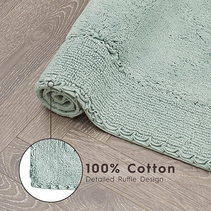 Laura Ashley Ruffle Border 100% Cotton Bath Rug Set, Aqua, 17" x 24"/ 20" x 32"