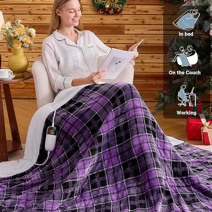 Purple Heated Weighted Blanket for Adults Throw/Twin Size 13Lbs 50"x60", 2-in-1 Electric Heating Pad Lap Heavy Blanket for 120-140lbs, 10 Level 8H Auto-Off, Cozy Birthday Gifts for Women Mom Seniors