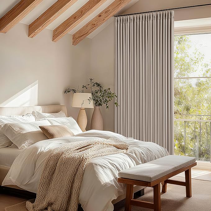 70 Inch Wide Blackout Curtains 84 Inches Long Memory Trained Pinch Pleated Room Darkening Thermal Linen Textured Two Layer Extra Wide Drapes for Living Room Sliding Door Burlywood Birch 1 Panel