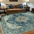 Area Rugs 7'x9' Washable Non-Slip, Floral Vintage Distress Print Pattern Medallion Carpet for Living Room Bedroom Dining Room, Dark Blue Vintage