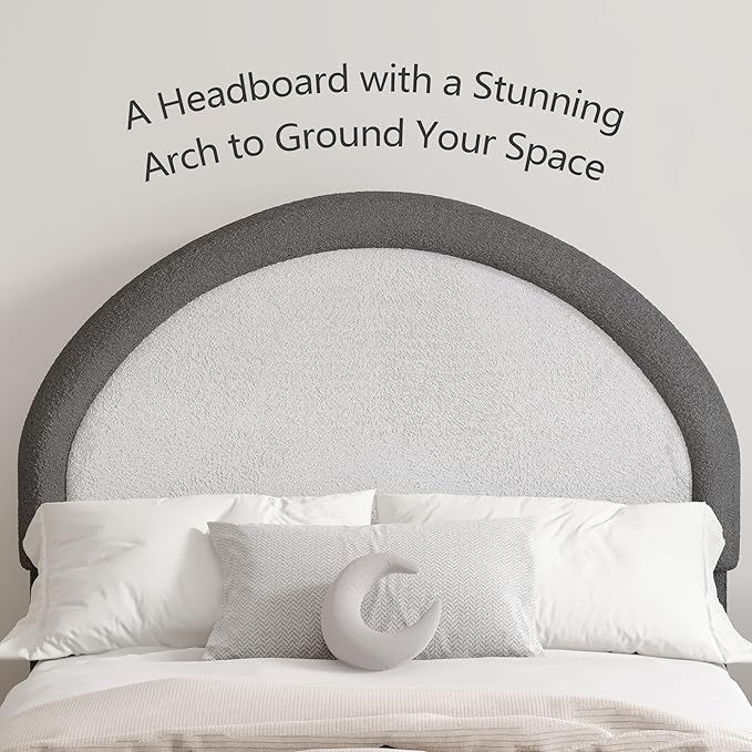 Twin Bed Frames with Headboard, Boucle Upholstered Platform Bed, Grey Bed Frame, Soft Rounded Corners, No Box Spring Needed, Easy Assembly