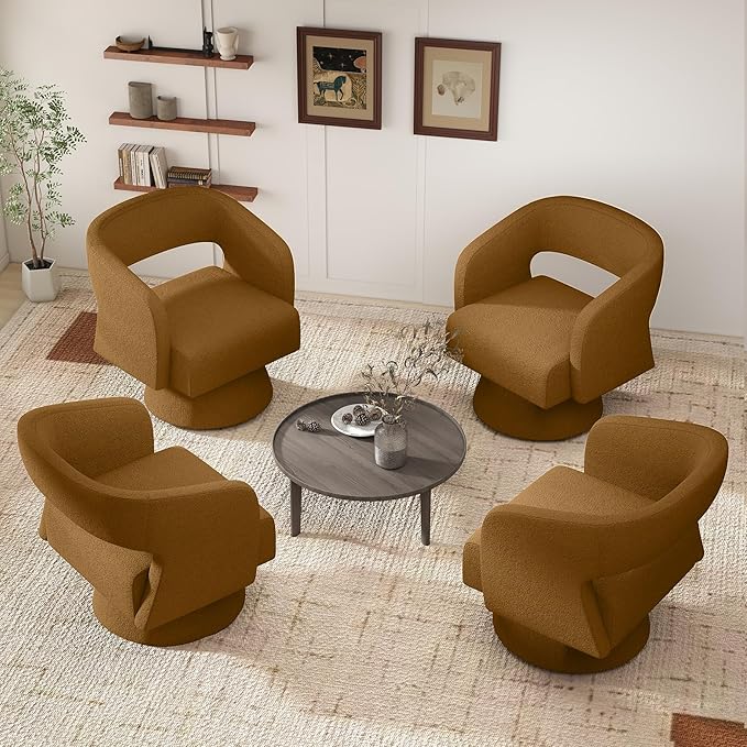 Swivel Accent Chair Set of 4, Modern Comfy Teddy Barrel Chairs, Oversized Upholstered Round Arm Chair for Living Room, Bedroom, Reading Room, Brown