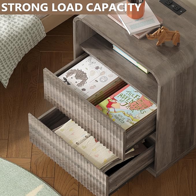Dresser with 2 Drawers and Charging Station, Fluted Bedside Table with Round Curved Corner, Hidden Handles, 2 AC Outlets and 2 USB Ports, Modern Wood End Table with Open Shelf for Bedroom