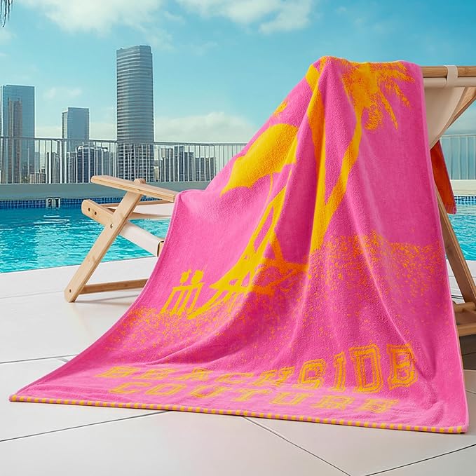 Juicy Couture Pink Beachside Couture 36" x 72" 100% Cotton Oversized Beach Towel - Soft, Absorbent, and Quick-Drying, Perfect for Beach, Pool, or Travel