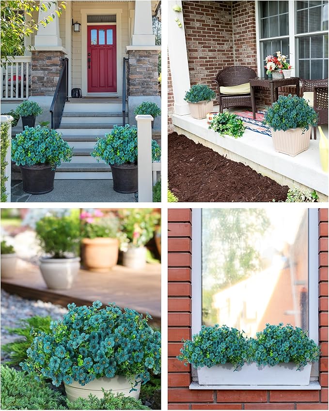JAKY-Global Faux Artificial Plants Outdoor Flowers Spring Summer Decoration 16 Bundles Fake Eucalyptus Silk Daisy UV Resistant Realistic for Outside Pot,Front Porch,Planters,Patio,Yard Decor