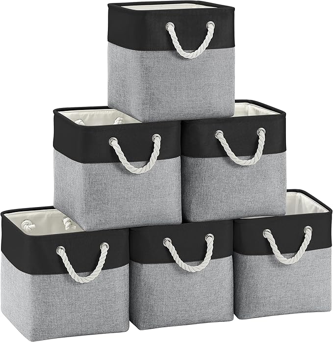 Fabric Cubes Storage Basket, 6 Pack 11x11 in with Handles Cube Storage Bins, for Shelves, Home, Office Organizers (Black/ Gray)